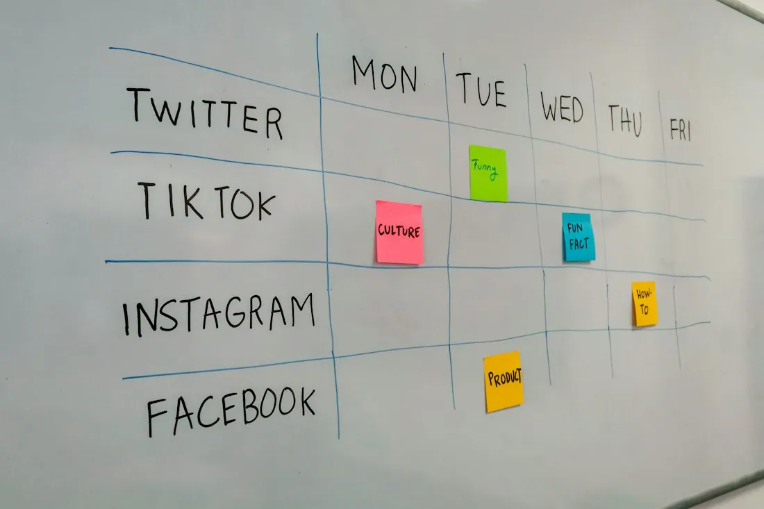 Social channel content plan on a whiteboard